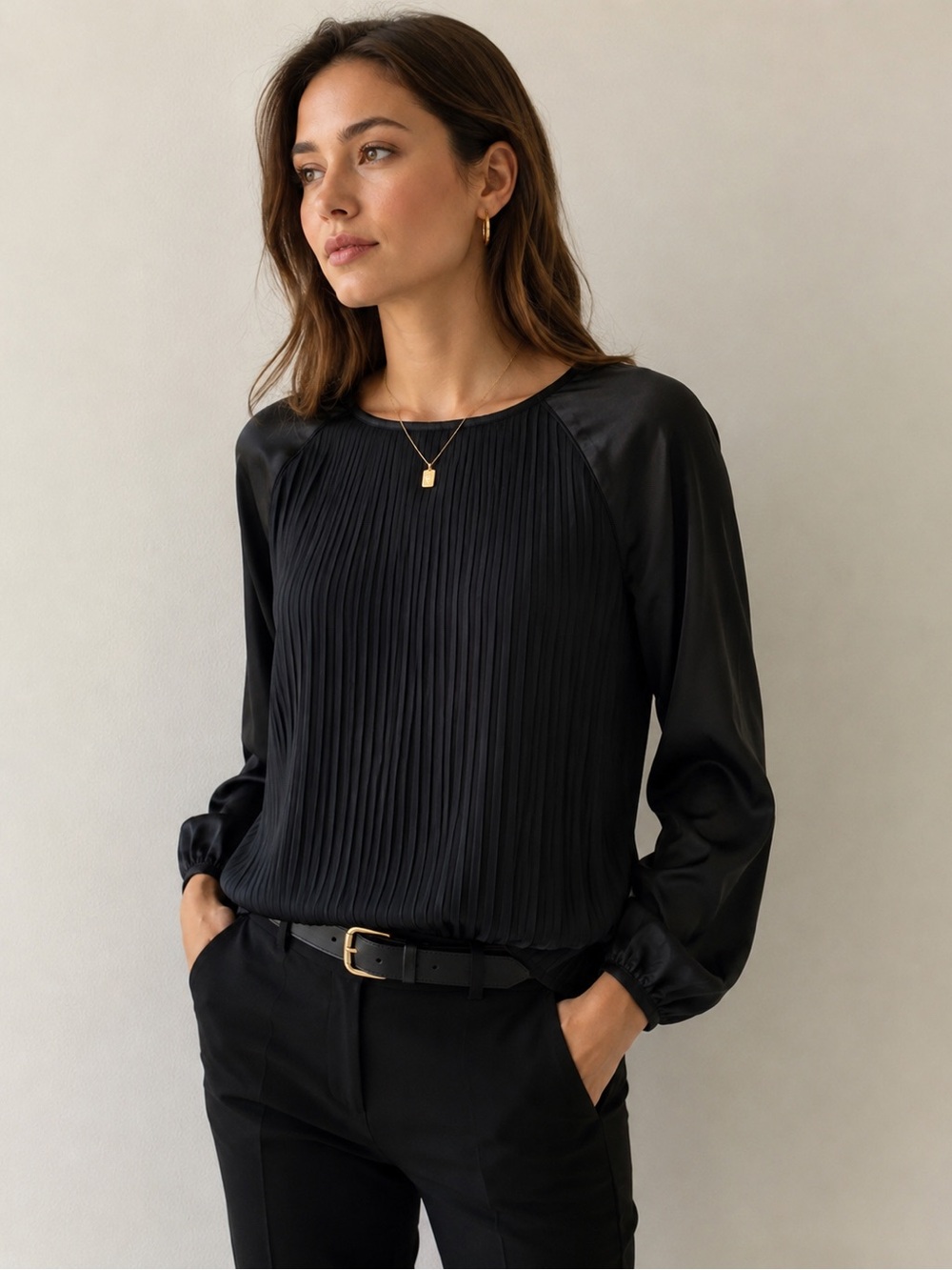 Calvin Klein M Black Pleated Blouse Satin Raglan Sleeves Office Workwear Relaxed